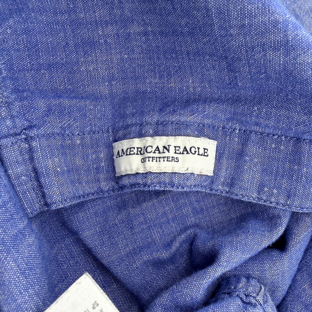 American Eagle Shirt Mens L Blue Geometric Slim Cotton Chambray Short Sleeve - Picture 7 of 12